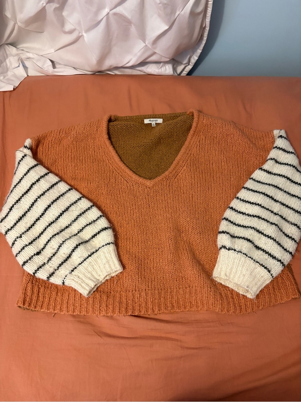 Madewell Striped Sleeve V-Neck Sweater in Rust Orange and Cream
